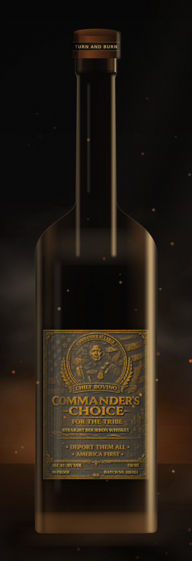 Commander's Choice 750 ml bottle standing in smoke on a darkened field
