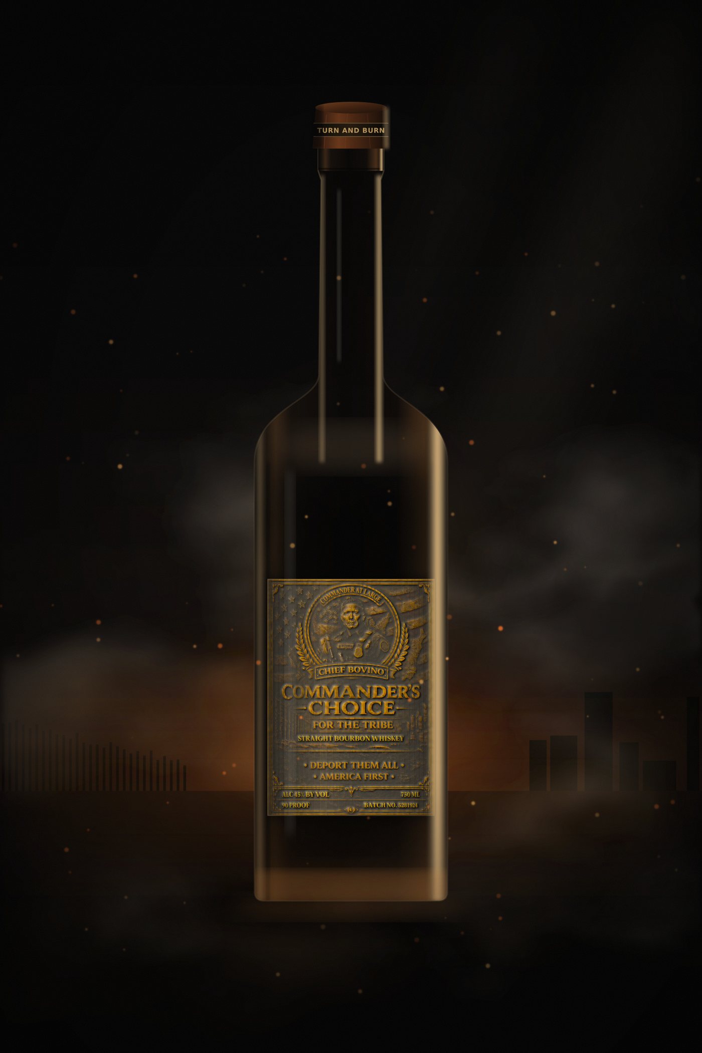 Commander's Choice 750 ml bottle standing in smoke on a darkened field