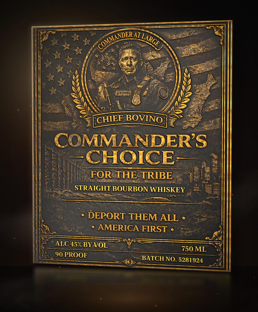 The official Commander's Choice front label, embossed and gold foil stamped