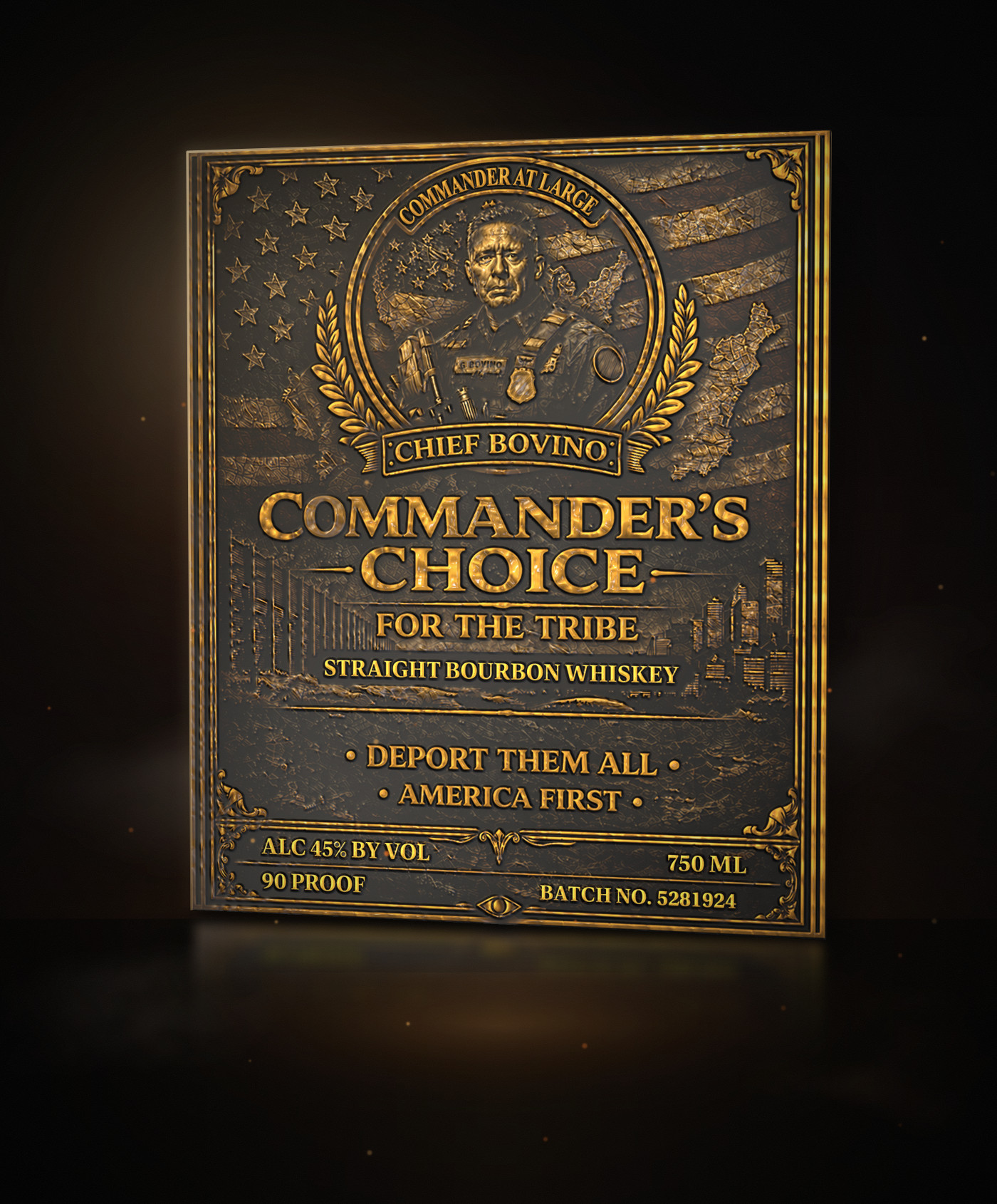 The official Commander's Choice front label, embossed and gold foil stamped, standing in smoke